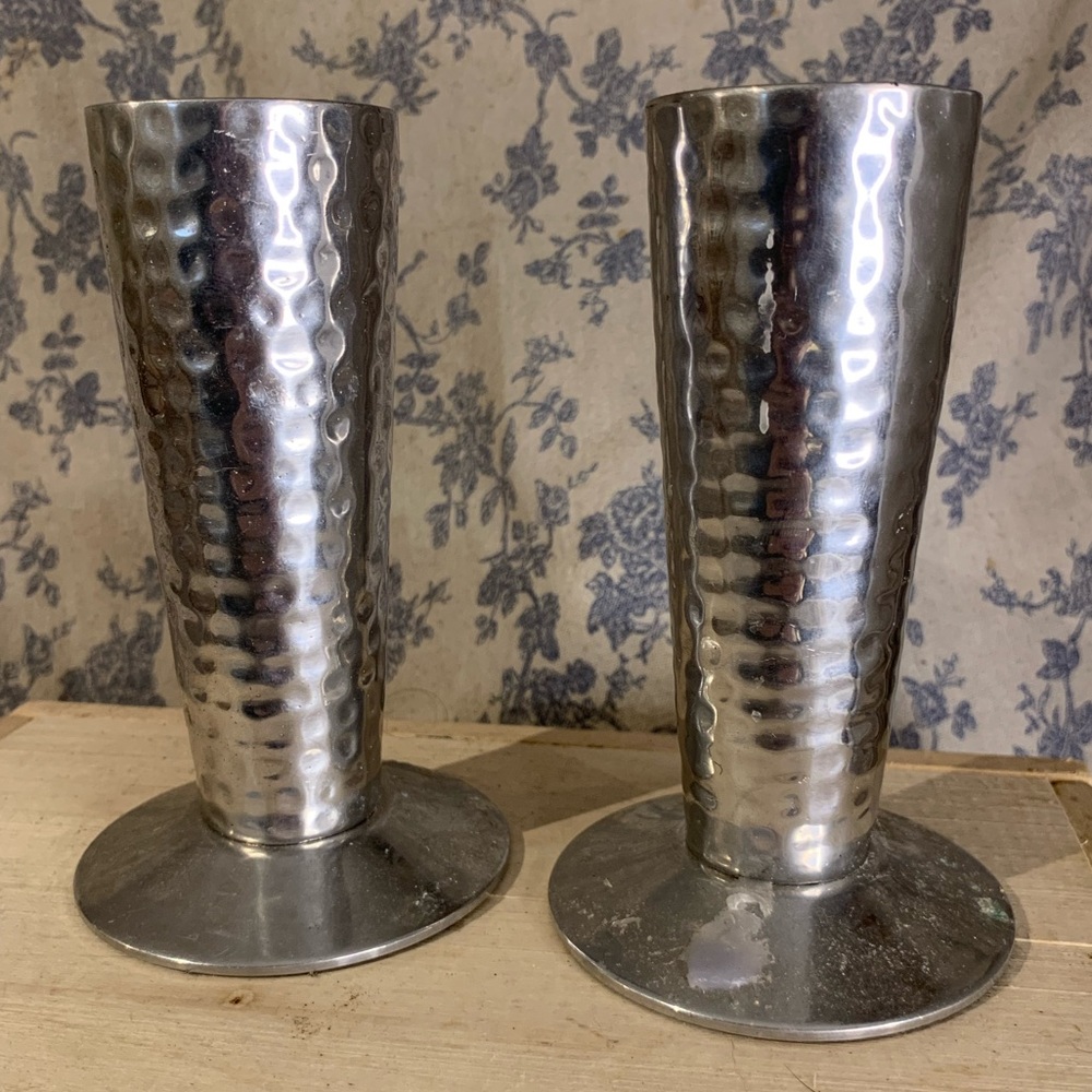 Pair of AMBRIA Hammered Silver Metal Candlesticks